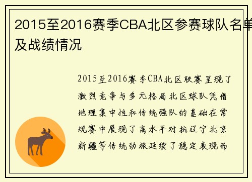 2015至2016赛季CBA北区参赛球队名单及战绩情况